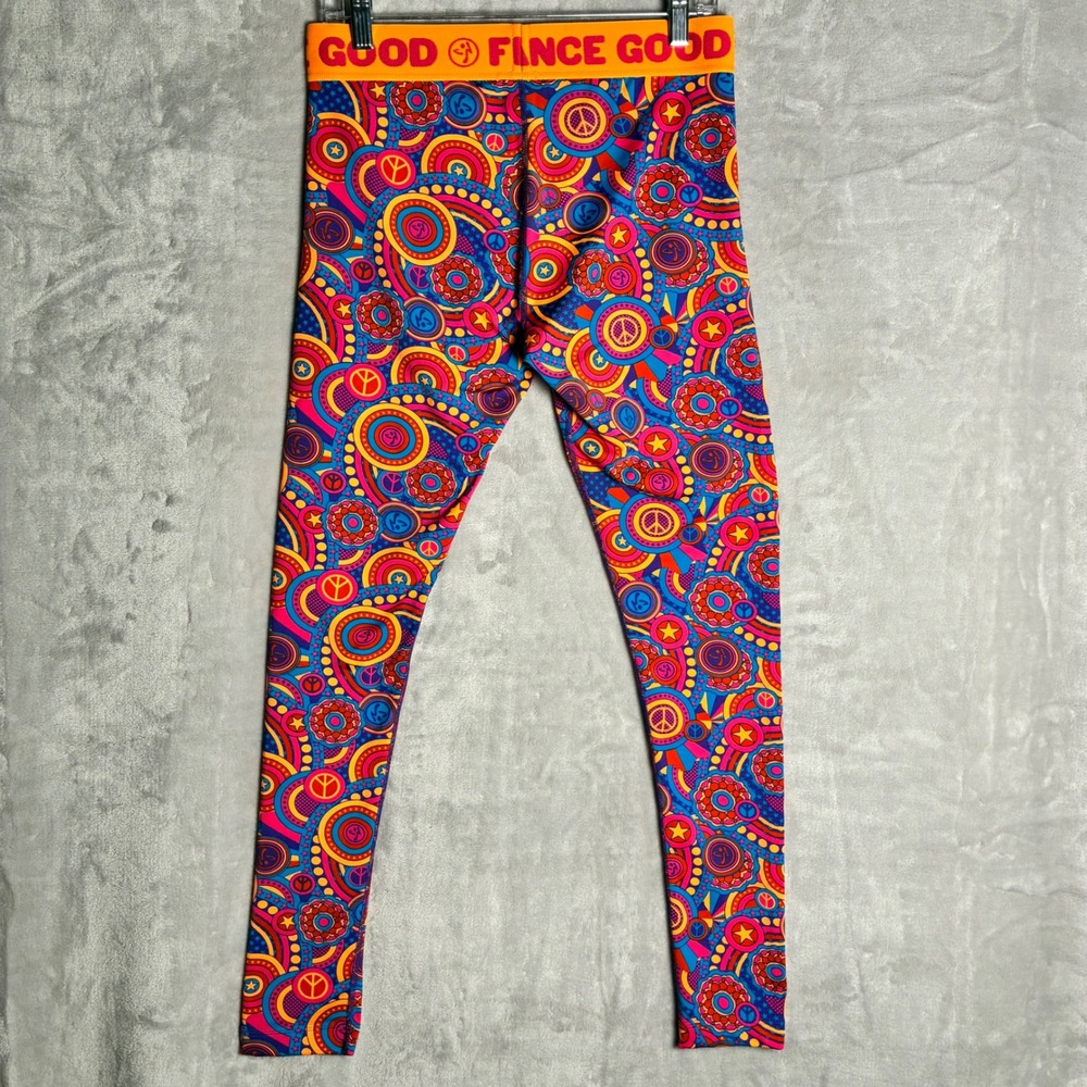 Zumba Wear Lovely Peace Sign Psychedelic Print Leggings Orange Waistband Large